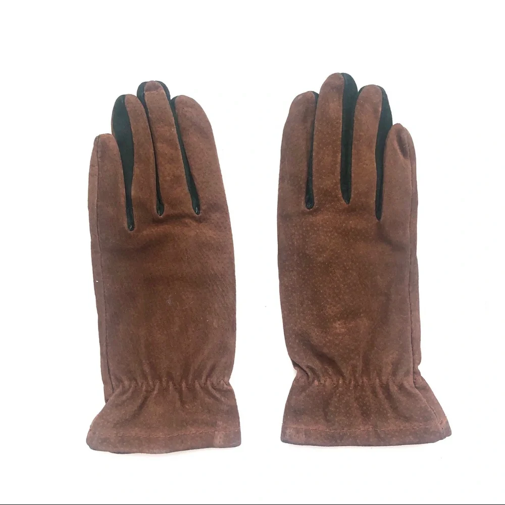 Vintage Chocolate Brown Genuine Leather Suede Gloves